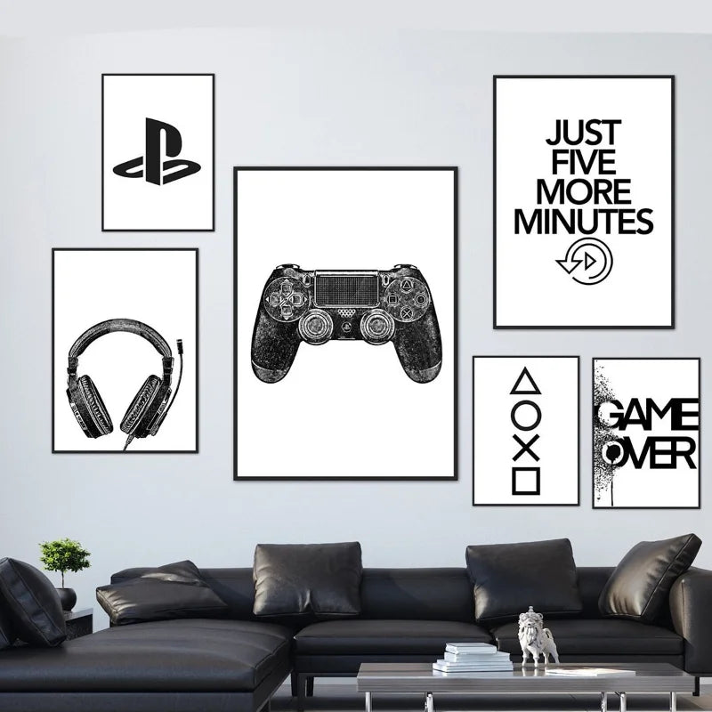 Black & White Gamer Posters Minimalist Wall Art Fine Art Canvas Prints Trendy Pictures For Kid's Room Gamers Room Wall Art Decor