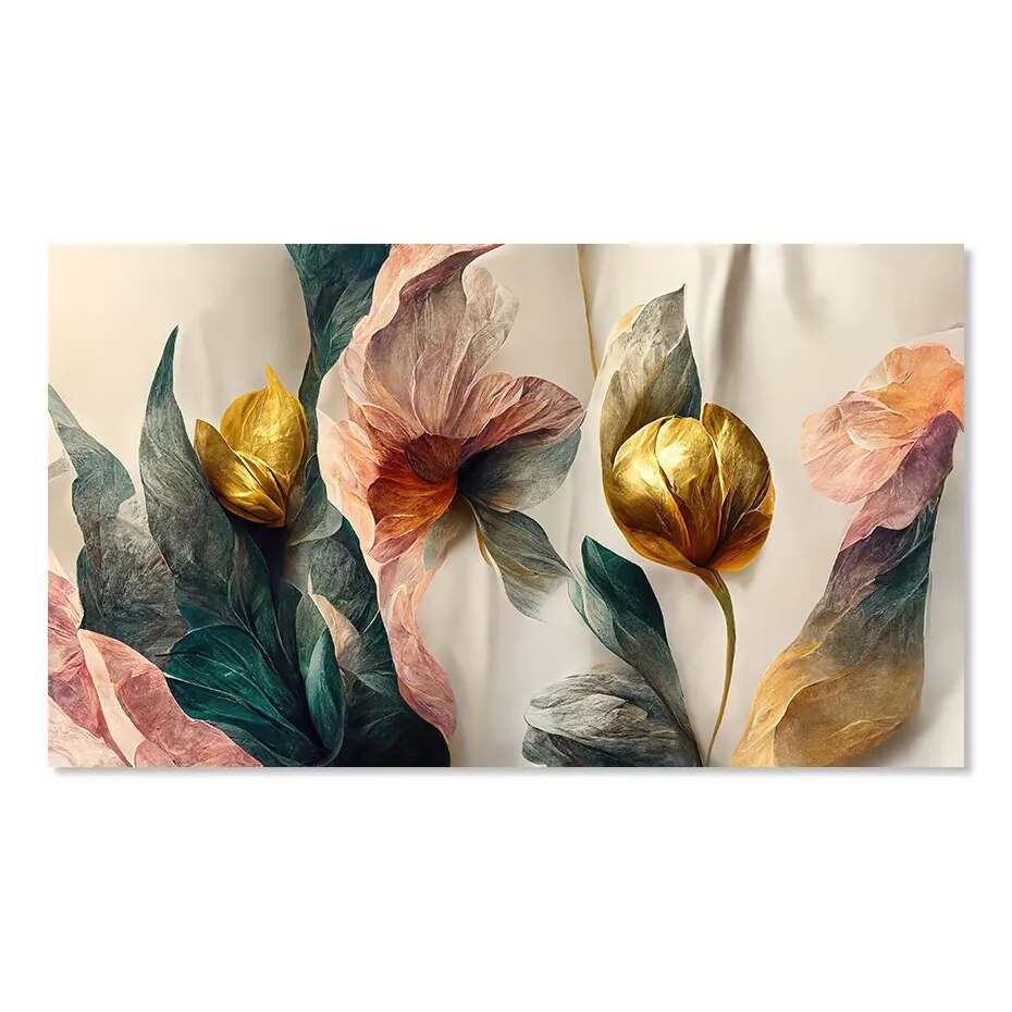 Big Abstract Floral Pink Beige Golden Flowers Wall Art Fine Art Canvas Print Wide Picture For Living Room Dining Room Bedroom Art Decor