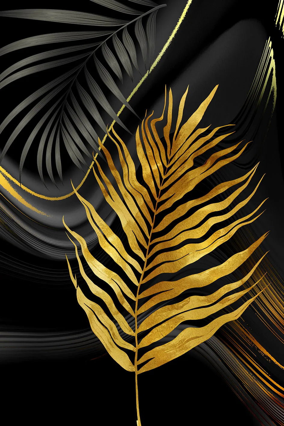 * Featured Sale * Exotic Tropical Botanical Black Golden Leaves Wall Art Fine Art Canvas Prints Pictures For Luxury Living Room Bedroom Boutique Hotel Decor