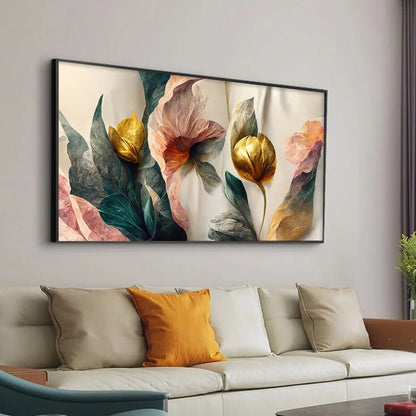 Big Abstract Floral Pink Beige Golden Flowers Wall Art Fine Art Canvas Print Wide Picture For Living Room Dining Room Bedroom Art Decor