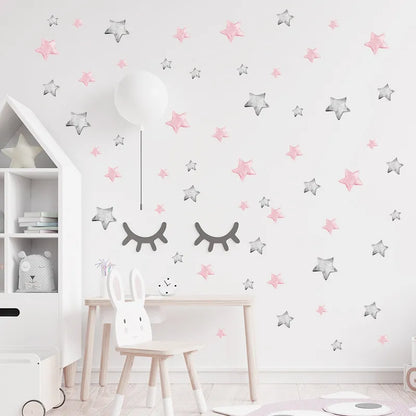 Cute Soft Pink & Gray Stars Wall Stickers For Children's Nursery Room Removable Peel & Stick PVC Wall Decals For Baby's Room Creative DIY Decor