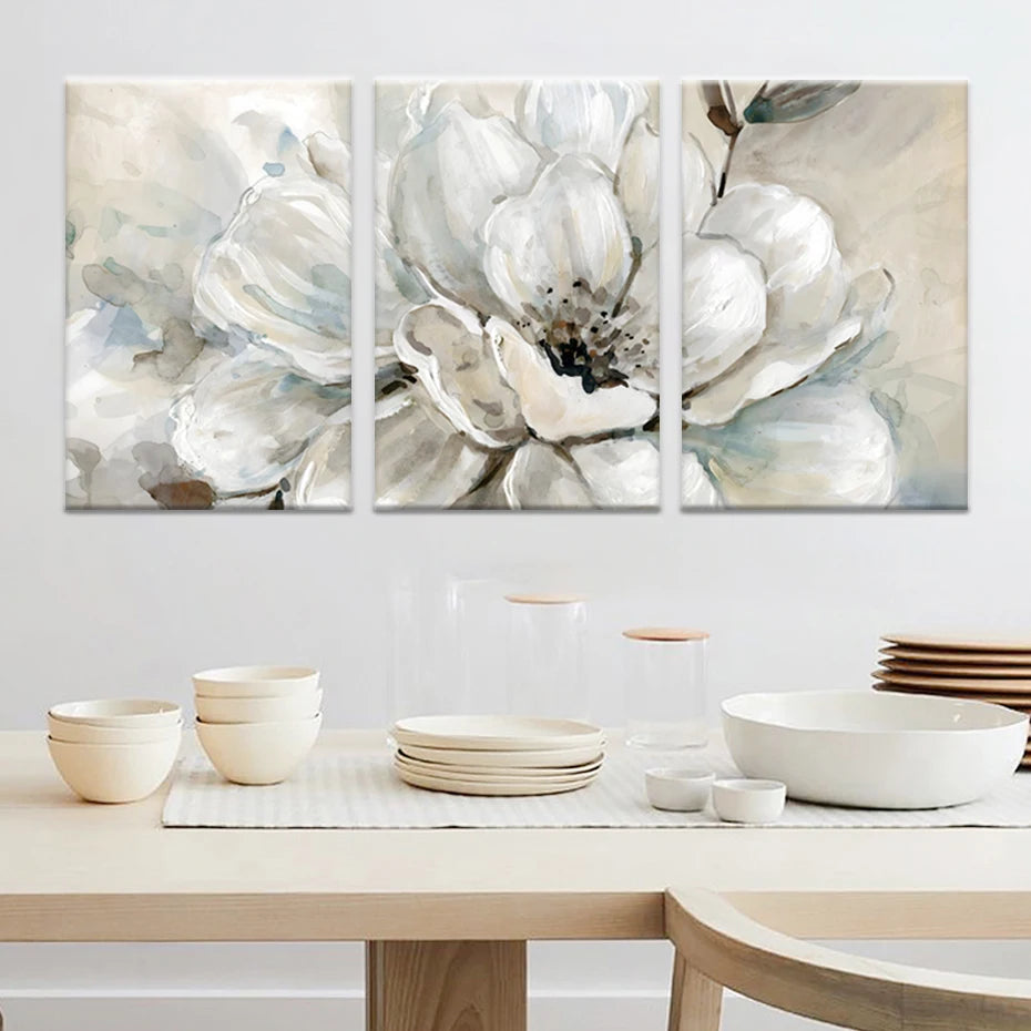 Big Beige White Floral Wall Art Fine Art Canvas Prints Modern Botanical Pictures For Living Room Dining Room Bedroom Art Decor