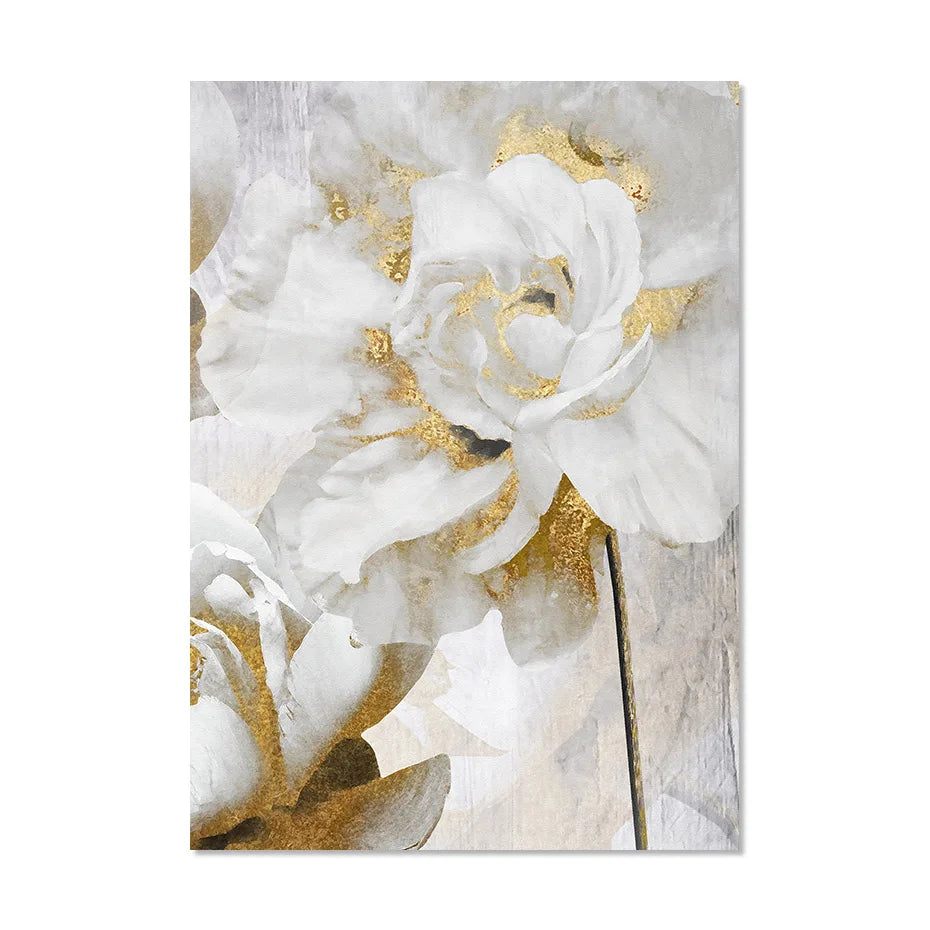Opulent Blossoms Elegant White Flowers with Gold Accents Canvas Wall Art Fine Art Canvas Prints Posters Floral Pictures For Modern Living Room