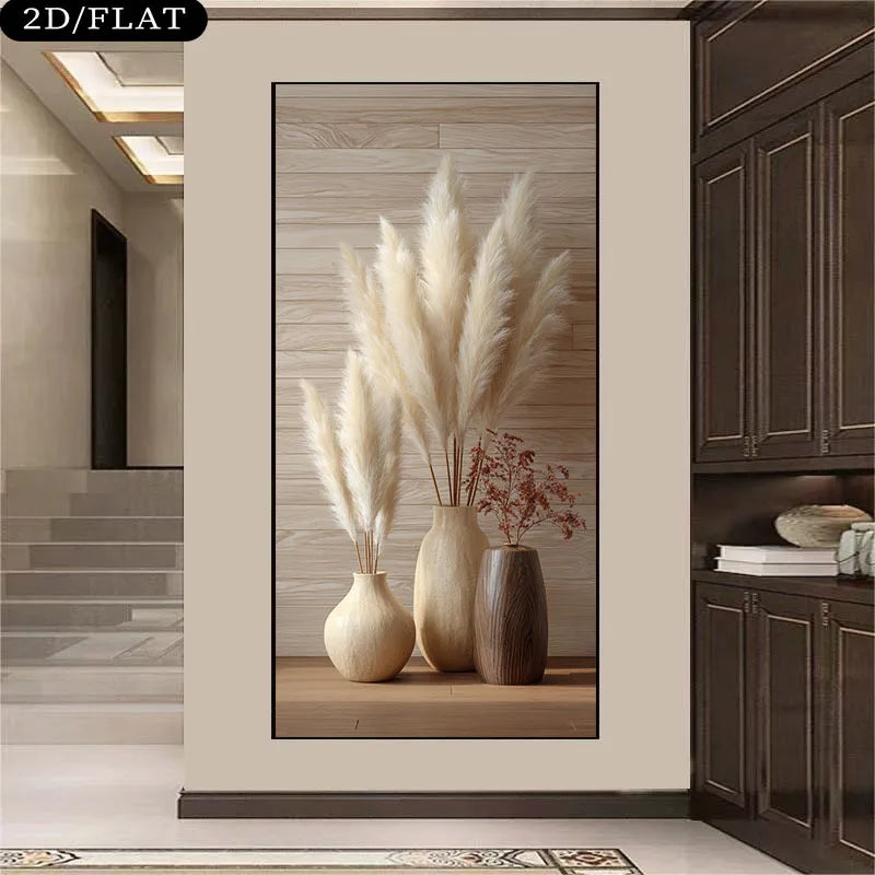 Neutral Pampas Grass Vase Boho Wall Art Fine Art Canvas Print – Modern Still Life Artwork for Living Room and Hallway Decor