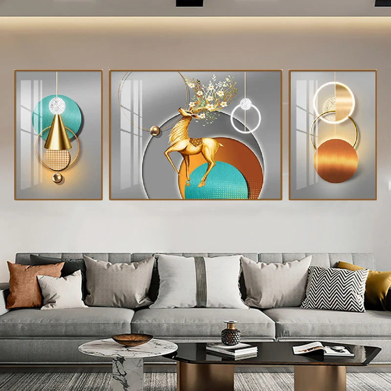 Set of 3Pcs Nordic Abstract Circle Of Light Auspicious Flowing Landscape Wall Art Fine Art Canvas Prints Pictures For Luxury Living Room Dining Room Wall Decor (Triptych, Set of 3)