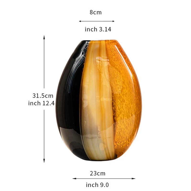 Glass vase with black and amber stripes and measurements on a white background