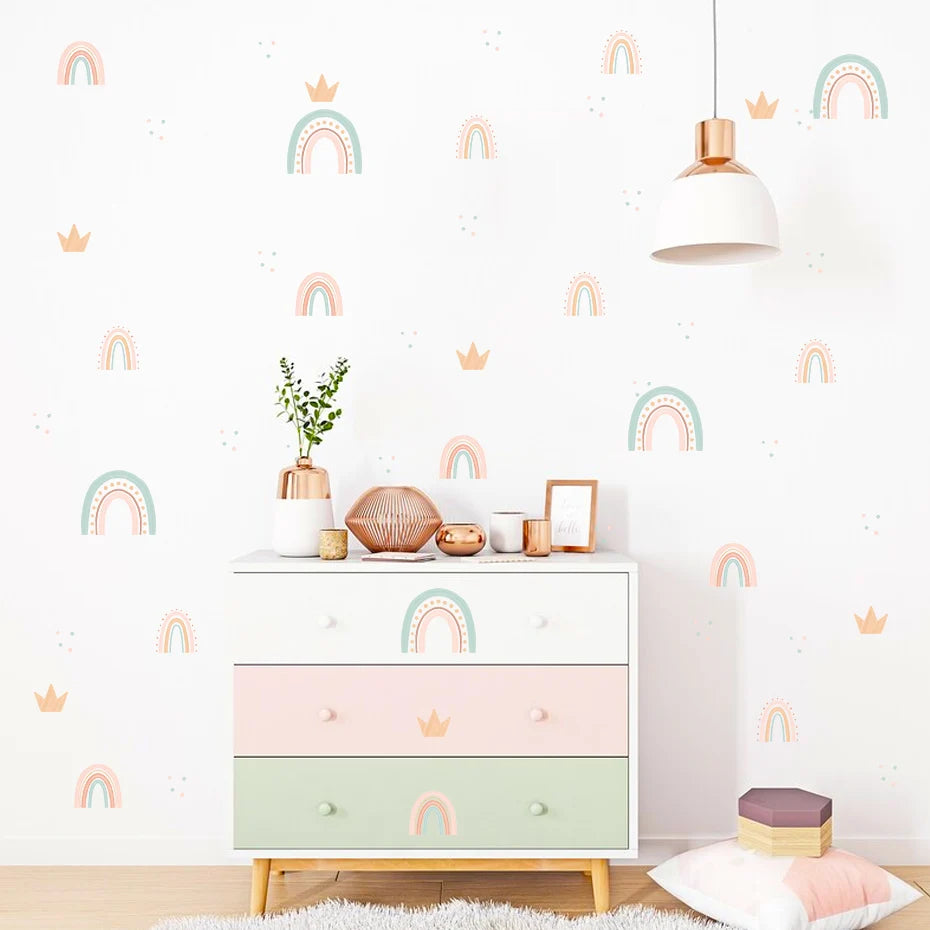 Cute Pink Rainbow Stars Nursery Wall Stickers Removable Peel & Stick Vinyl Wall Decals For Baby's Room Creative DIY Wall Decor For Girl's Room