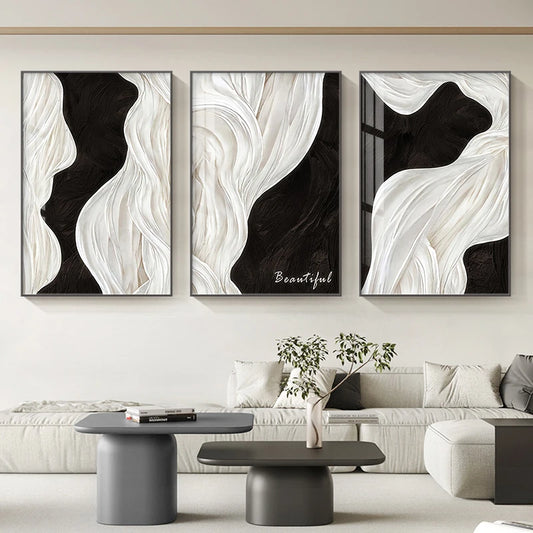 Light Luxury Black White Flowing Ribbon Abstract Wall Art Fine Art Canvas Prints Posters For Modern Living Room Bedroom Hotel Room Art Decoration