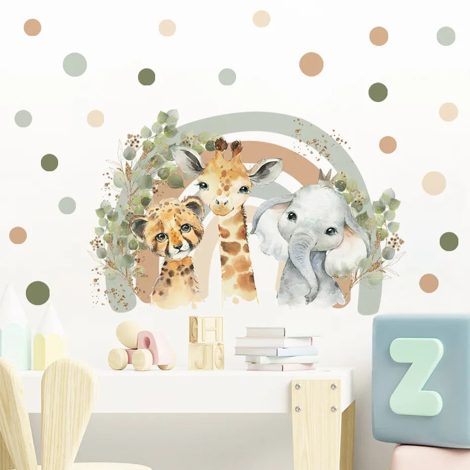 Cute Cartoon Elephant Tiger Giraffe Rainbow Wild African Animals Nursery Wall Decals Removable PVC Wall Stickers For Kid's Room Wall Decor