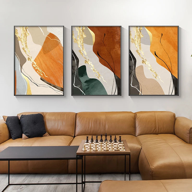 Colorful Nordic Abstract Geomorphic Wall Art Fine Art Canvas Prints Green Brown Beige Orange Pictures For Living Room Dining Room Decor