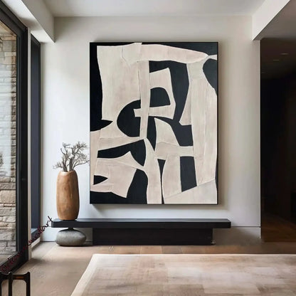 * Hand Painted * Black Beige Modern Abstract Art Large Format Canvas Oil Painting For Living Room Entrance Hall Foyer Art Decor