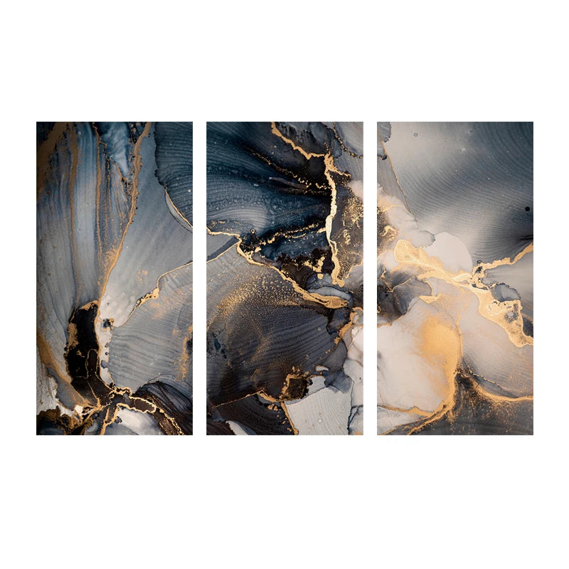 Set of 3Pcs Abstract Golden Blue Liquid Marble Print Wall Art Fine Art Canvas Prints Pictures For Modern Living Room Bedroom Home Office Decor