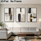 Three-piece abstract wall art set with black, white, and beige brushstrokes, displayed in a modern living room setting above a light gray sectional sofa. 