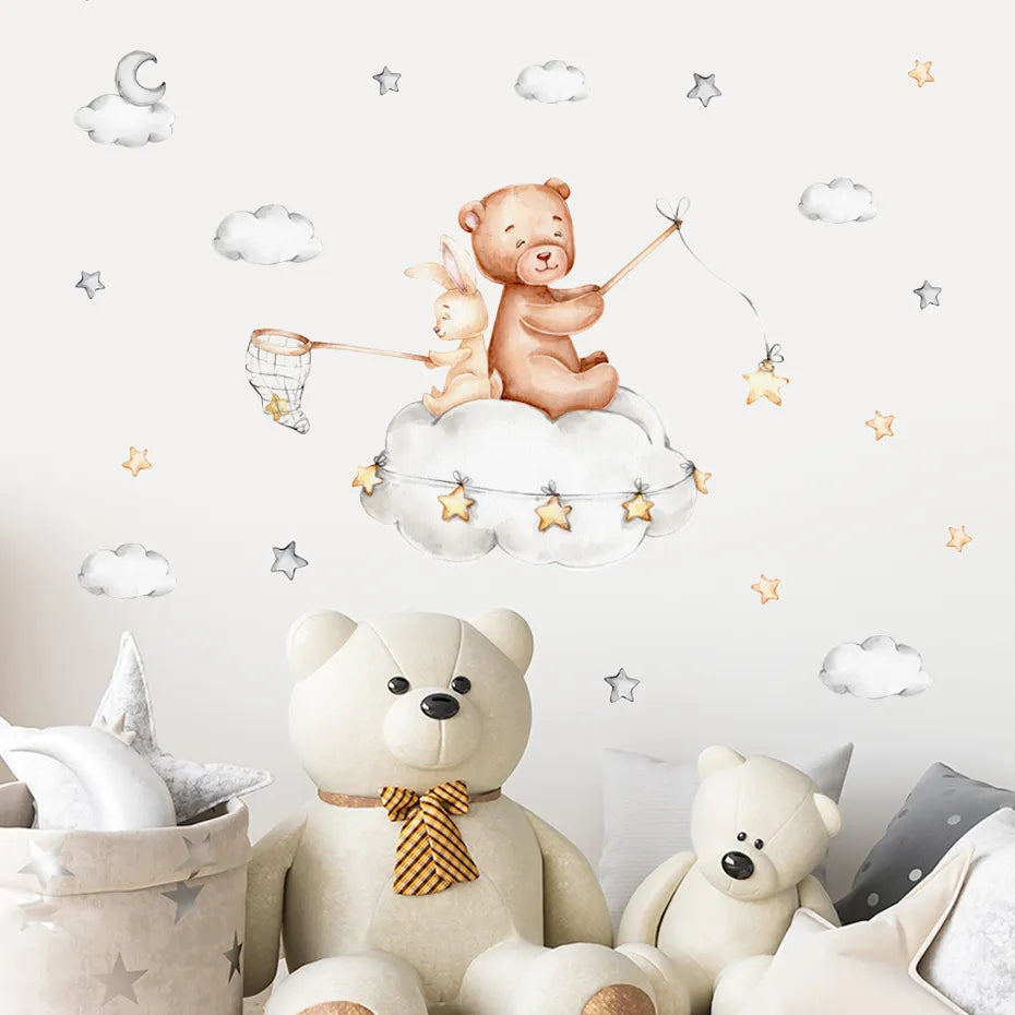 Cute Teddy Bear Moon Wall Sticker For Children's Nursery Removable Peel & Stick PVC Wall Decals For Creative DIY Children's Room Wall Decor