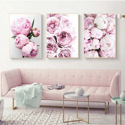 Minimalist Floral Pink & White Peonies Wall Art Fine Art Canvas Prints Pictures For Modern Living Room Bedroom Boutique Salon Home Decoration