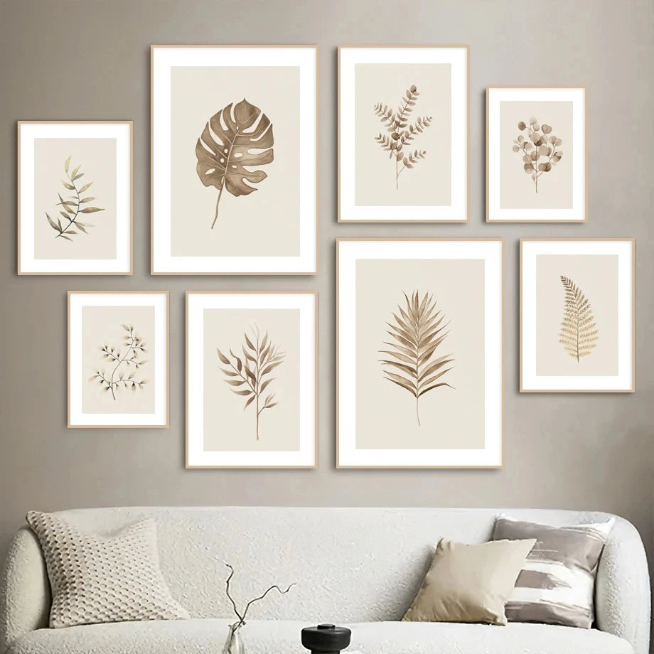 Monstera Fern Leaf Botany Specimen Wall Art Fine Art Canvas Prints Neutral Color Minimalist Pictures For Living Room Dining Room Bedroom Art Decor
