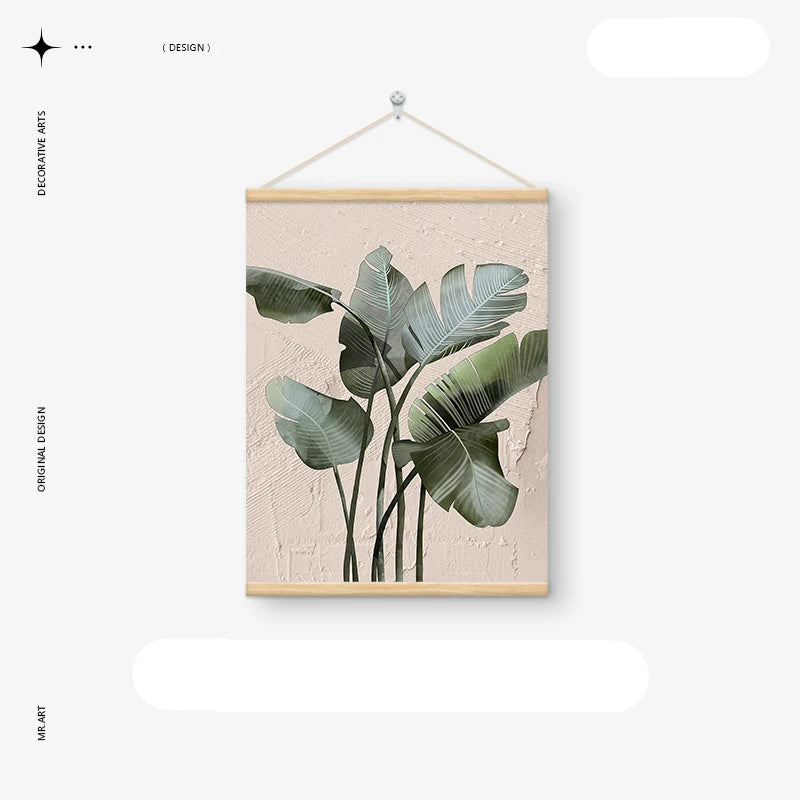 Modern Botanical Green Leaves Wall Art Fine Art Canvas Print For Living Room Dining Room Entranceway Art With Wooden Hanging Scroll Frame 2025