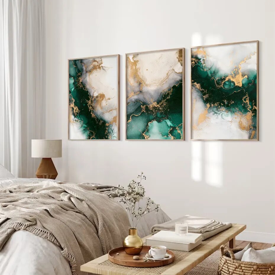 Nordic Green Beige Golden Liquid Marble Fine Art Canvas Prints Modern