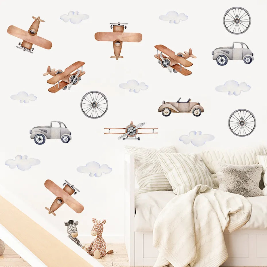 Cute Cartoon Trucks Buses & Cars Wall Stickers For Boy's Room Removable Peel & Stick PVC Wall Decals For Creative DIY Nursery Home Decor 