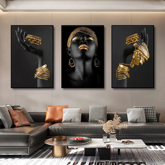 * Featured Sale * Modern Minimalist Black Golden Woman Portrait Wall Art Fine Art Canvas Prints Pictures For Luxury Living Room Dining Room Home Office Decor