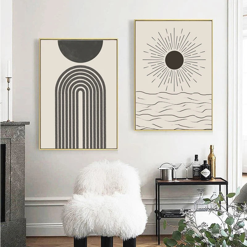 Sun Sea Circles Minimalist Line Art Black White Wall Art Fine Art Canvas Prints Pictures For Modern Living Room Bedroom Home Decor