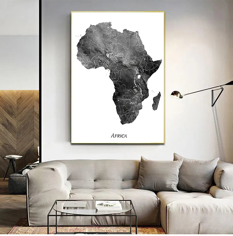 * Featured Sale * Africa Map Wall Art Black & White Poster Fine Art Canvas Print African Continent Travel Map Art For Home Office Wall Decoration