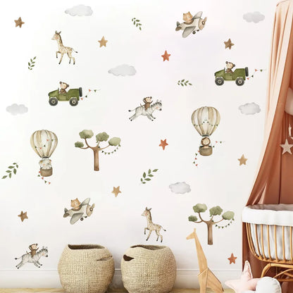 Vintage Hot Air Balloon Safari Wall Stickers For Kid's Room Removable Peel & Stick PVC Wall Decals For Creative DIY Children's Nursery Decor