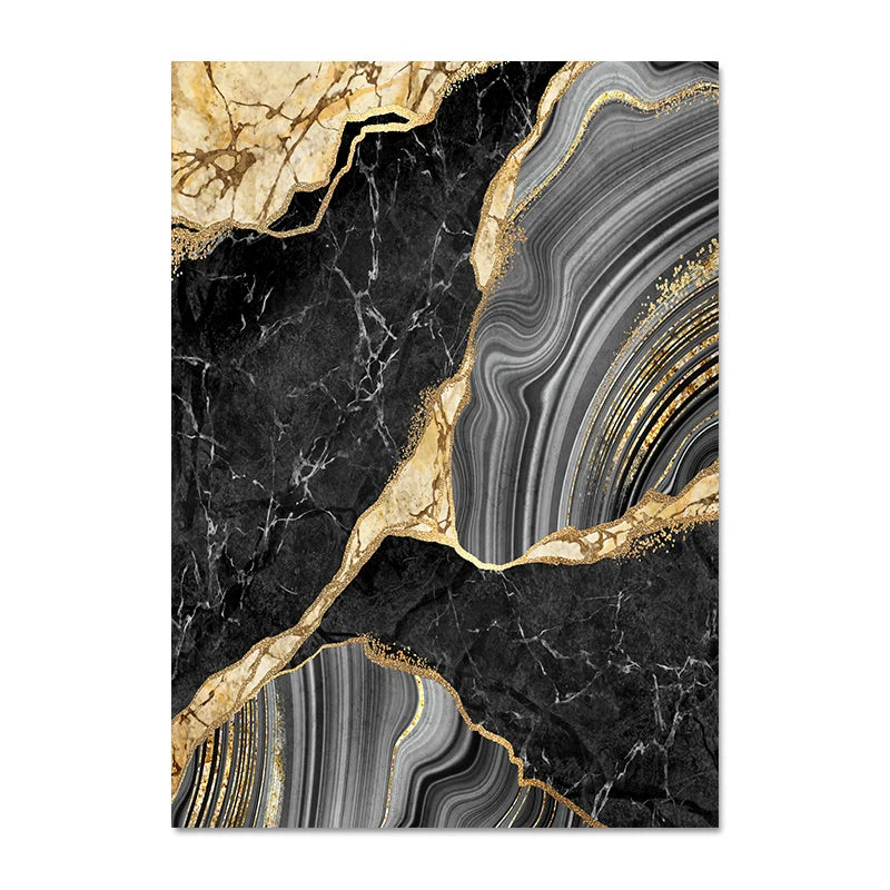 Modern Abstract Black Gray Golden Geode Marble Print Wall Art Fine Art Canvas Prints Pictures For Luxury Apartment Living Room Home Office Decor