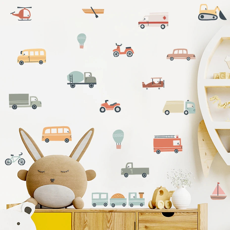 Cute Cartoon Trucks Buses & Cars Wall Stickers For Boy's Room Removable Peel & Stick PVC Wall Decals For Creative DIY Nursery Home Decor 