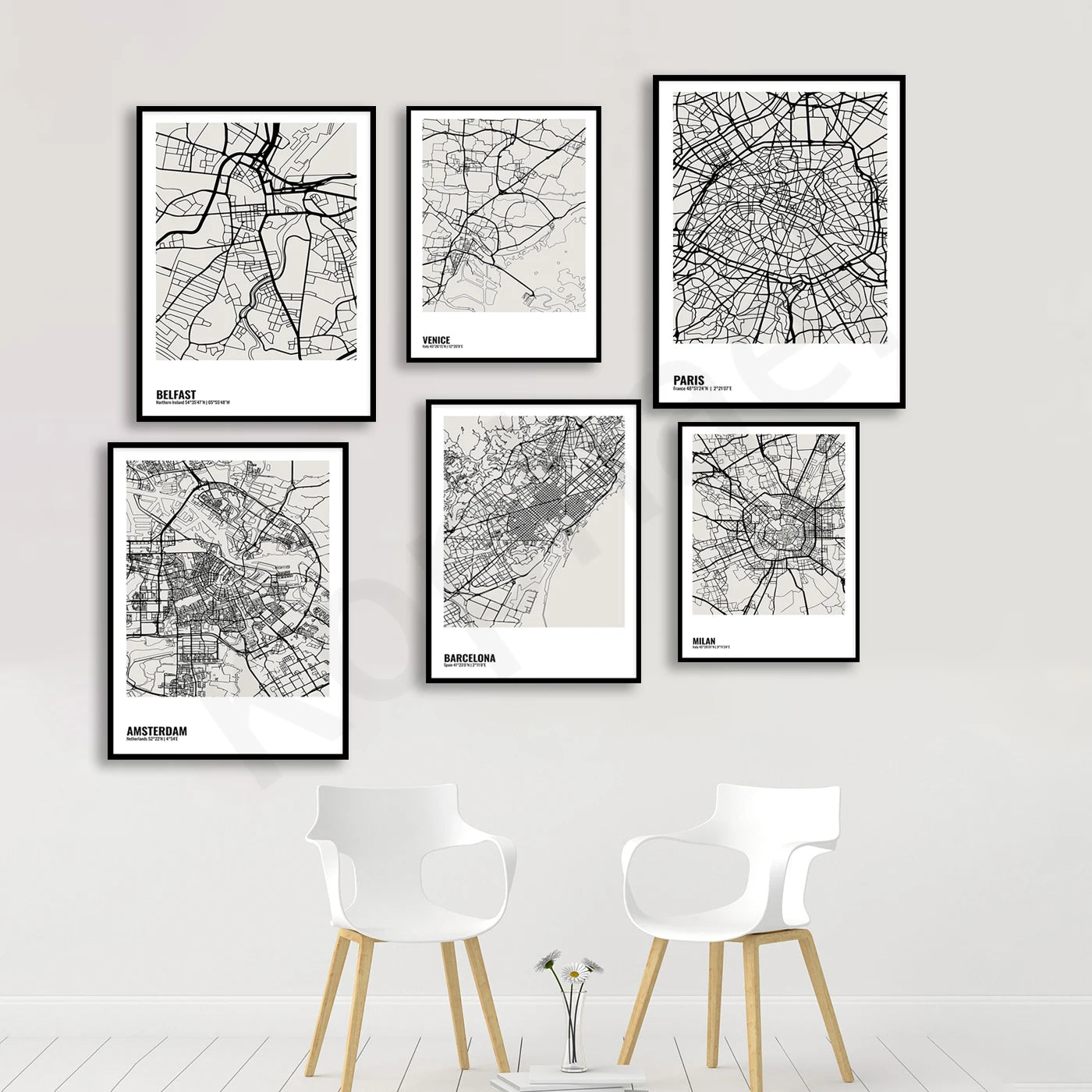 Minimalist City Map Posters - London, Berlin, Paris, Kiev, Barcelona, Milan, Amsterdam, Prague, Athens, Liverpool, Florence, Belfast, Venice. Wall Map Black White Fine Art Canvas Prints Stylish Minimalist Posters For Home/Office