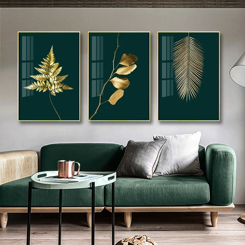 Abstract Tropical Botany Golden Leaves Wall Art Fine Art Canvas Prints Pictures For Living Room Dining Room Light Luxury Home Decor