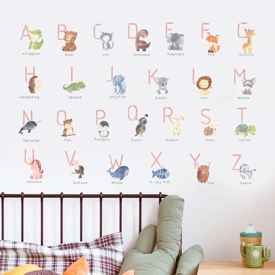 Cute Animals ABC Alphabet Learning Wall Stickers For Nursery Room Removable Peel & Stick PVC Wall Decals For Creative DIY Playroom Decor