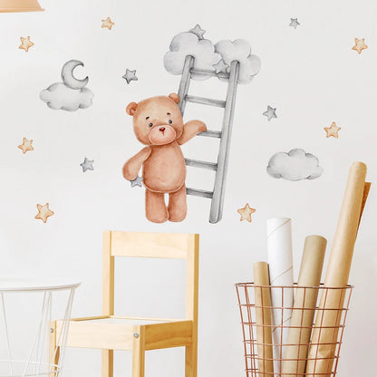 Cute Teddy Bear Clouds & Moon Wall Stickers For Nursery Room Removable Peel & Stick PVC Wall Decals For Creative DIY Kid's Room Decor