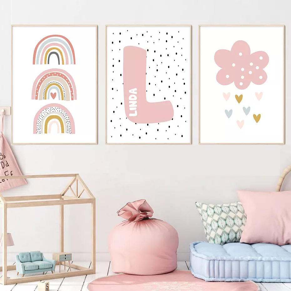 Pink Rainbow Cloud Love Hearts Personalized Baby's Name Wall Art Posters Fine Art Canvas Prints For Nursery Room Children's Bedroom Decor. 