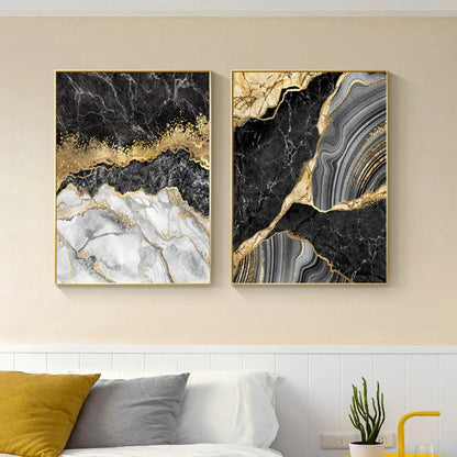 Modern Abstract Black Gray Golden Geode Marble Print Wall Art Fine Art Canvas Prints Pictures For Luxury Apartment Living Room Home Office Decor