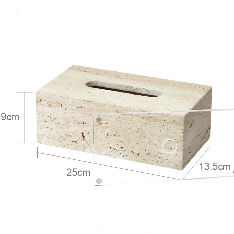 Beige stone tissue box with dimensions on a white background