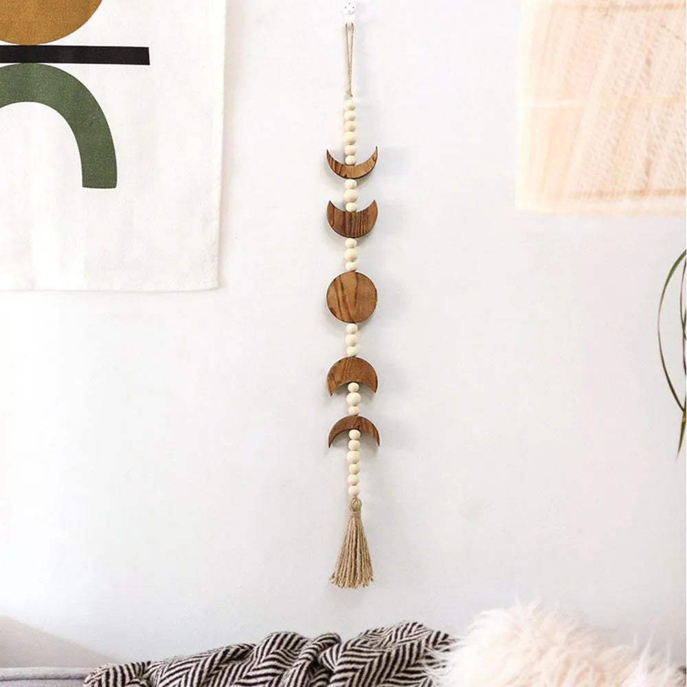 Nordic Wood Moon Phase Home Made Hanging Garland Rope Tassel Wall Decoration For Living Room Bedroom Simple Scandinavian Home Decor