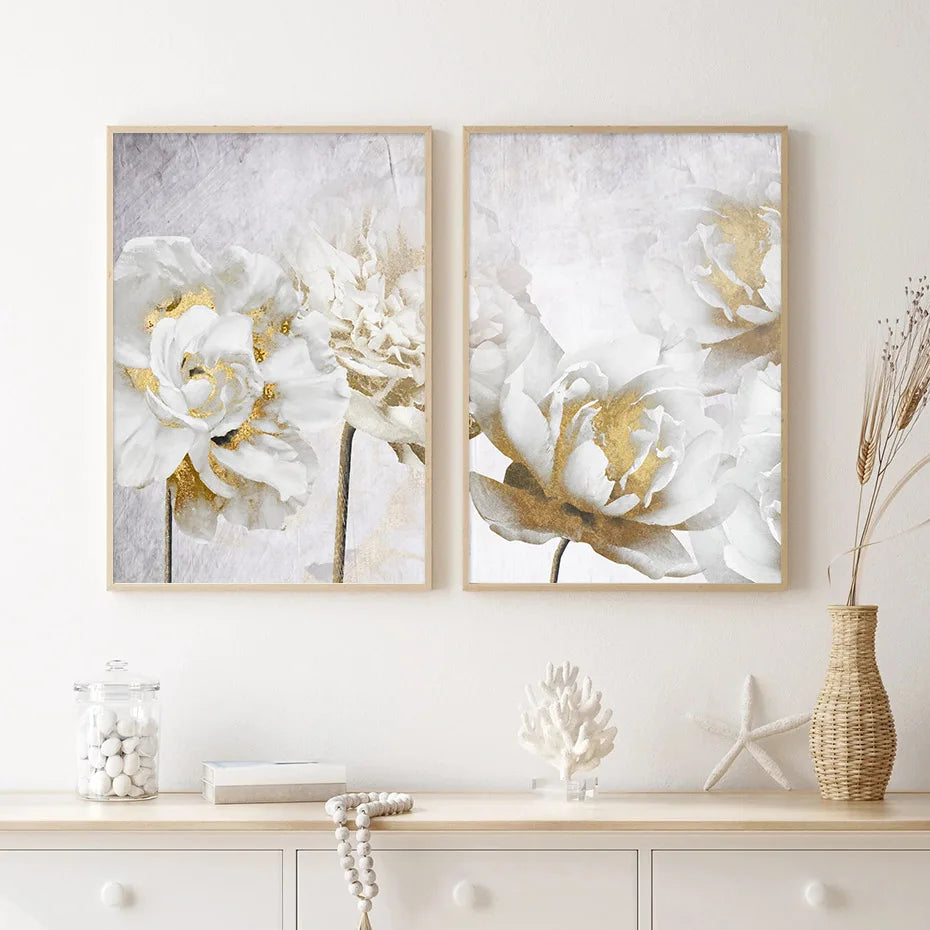 Opulent Blossoms Elegant White Flowers with Gold Accents Canvas Wall Art Fine Art Canvas Prints Posters Floral Pictures For Modern Living Room