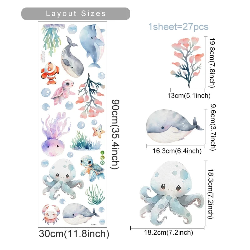 Ocean Dreams Watercolor Nursery Wall Decals – Gentle Marine Life & Underwater Creatures Wall Stickers for Baby’s Nursery Room Children’s Bedroom Wall Decorations