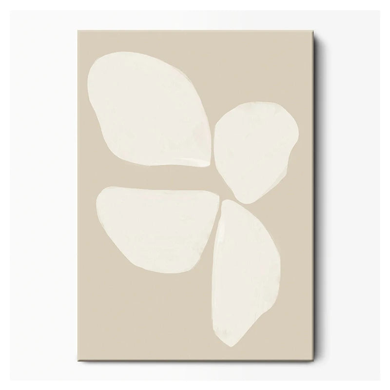 Abstract art print with white shapes on a beige background