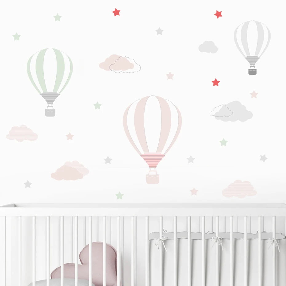 Pastel Colors Hot Air Balloons Wall Stickers For Nursery Decor Colorful Removable Peel & Stick Wall Decals For Creative DIY Home Decor