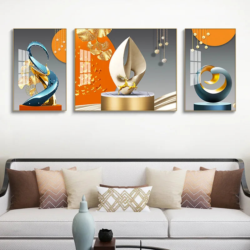 Set of 3Pcs Nordic Abstract Circle Of Light Auspicious Flowing Landscape Wall Art Fine Art Canvas Prints Pictures For Luxury Living Room Dining Room Wall Decor (Triptych, Set of 3)