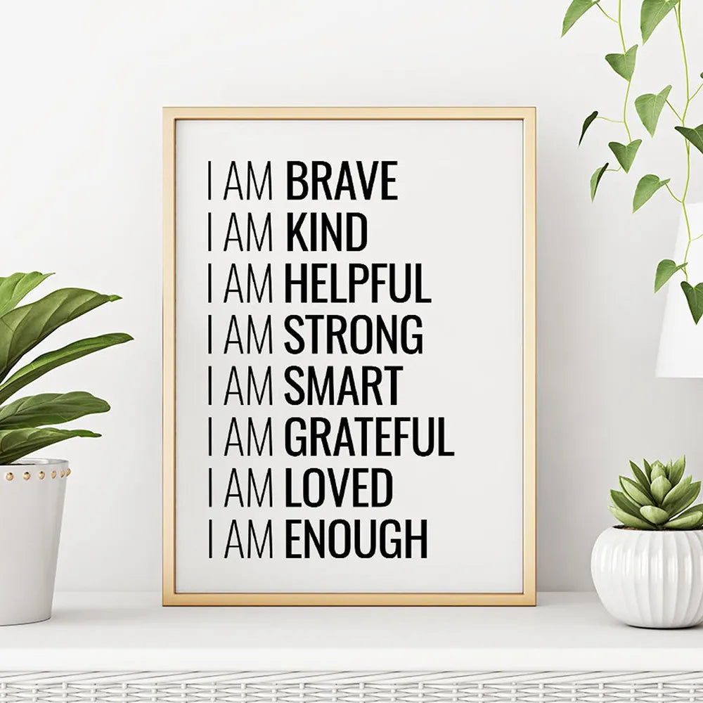 I Am Enough Inspirational Quote Wall Art Fine Art Canvas Print Black White Daily Mantra Motivational Poster For Bedroom Living Room Wall Decor