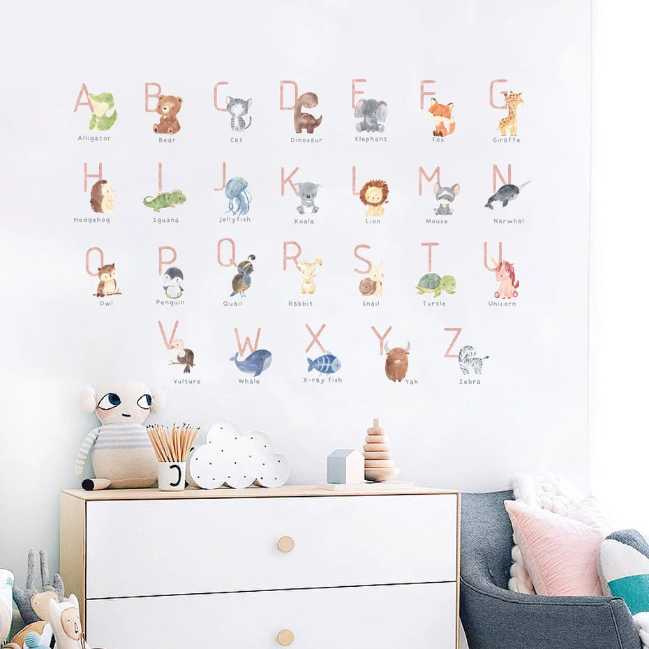 Cute Animals ABC Alphabet Learning Wall Stickers For Nursery Room Removable Peel & Stick PVC Wall Decals For Creative DIY Playroom Decor