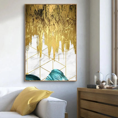 Abstract Liquid Golden Aqua Marble Wall Art Fine Art Canvas Prints Pictures For Living Dining Room Nordic Art For Modern Apartment