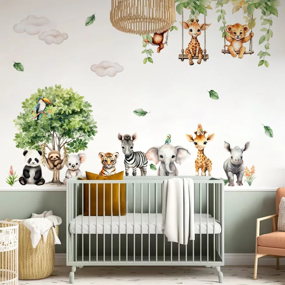 Forest Friends Cute Cartoon Animals Wall Decals – Peel & Stick Watercolor PVC Wall Stickers for Nursery & Kids Room Decor