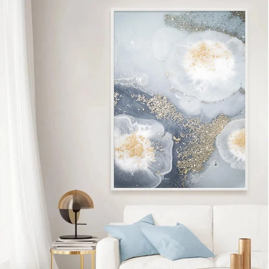 Blue White Golden Abstract Floral Wall Art Fine Art Canvas Prints Poster Picture For Modern Living Room Bedroom Nordic Home Decor