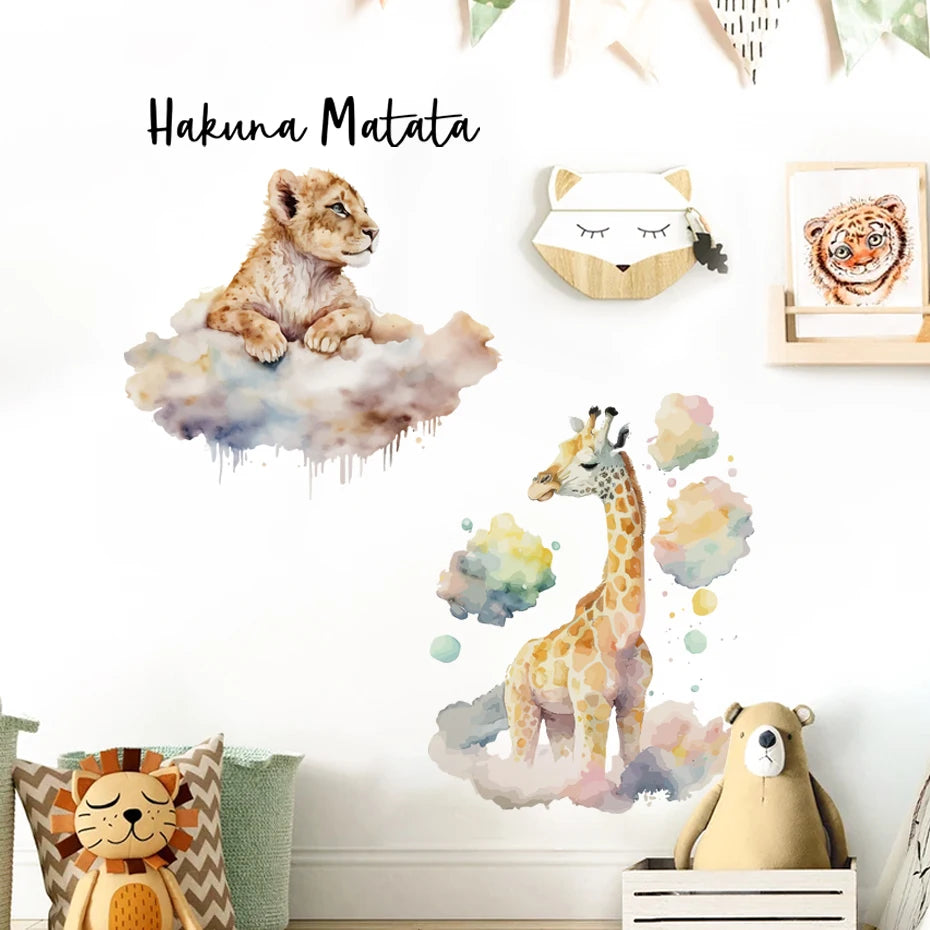 Hakuna Matata Baby's Room Wall Stickers Cute Elephant Lion Giraffe Wall Decals Removable Peel & Stick Wall Vinyl Wall Murals For Kid's Room Decor
