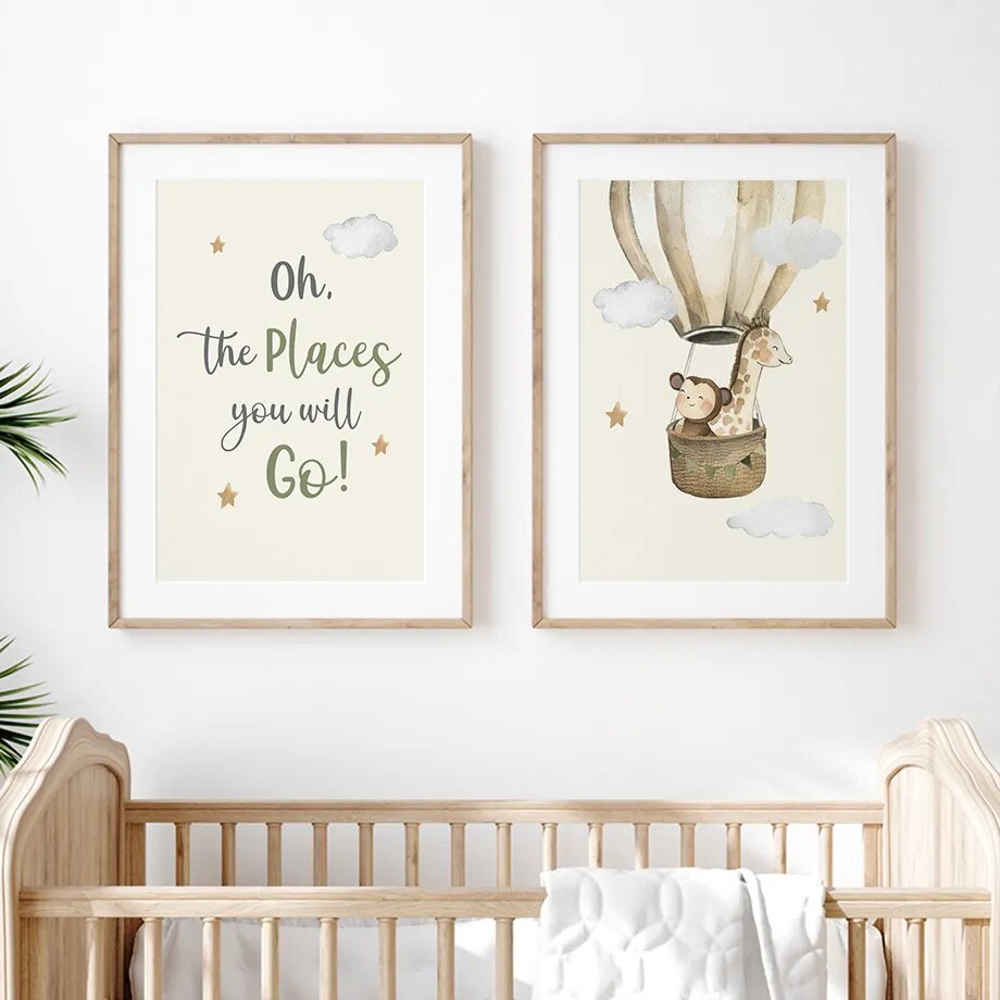 Jungle Giraffe Hot Air Balloon Nursery Wall Art Fine Art Canvas Prints Neutral Colors Posters For Kid's Room Baby's Room Wall Decoration