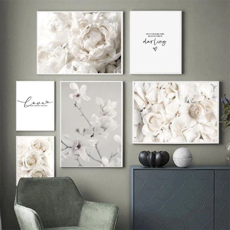 Simple Floral White Rose Peonies Wall Art Fine Art Canvas Prints Black White Botanical Pictures For Living Room Modern Interiors Home Decor